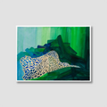 Abstract painting with blue and green colors on a gray background
