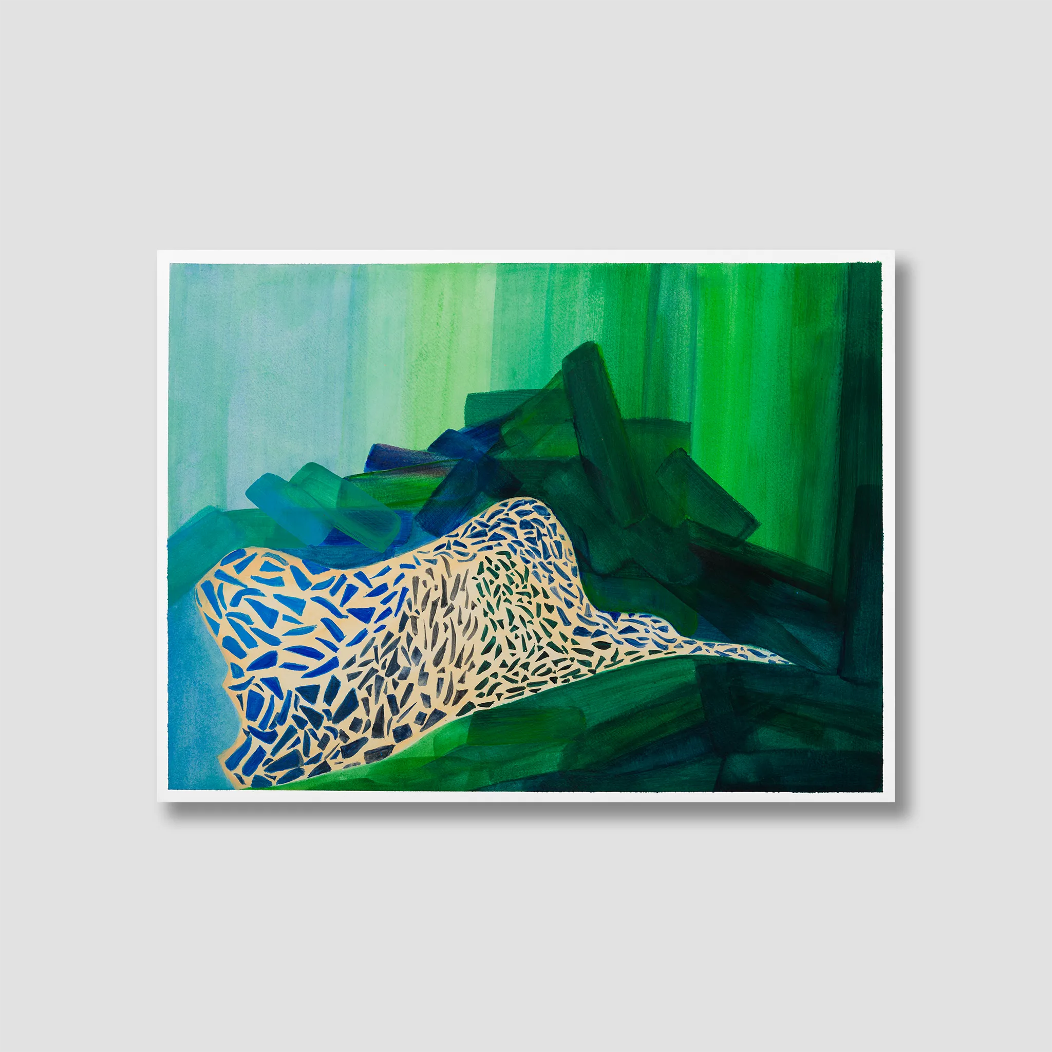 Abstract painting with blue and green colors on a gray background
