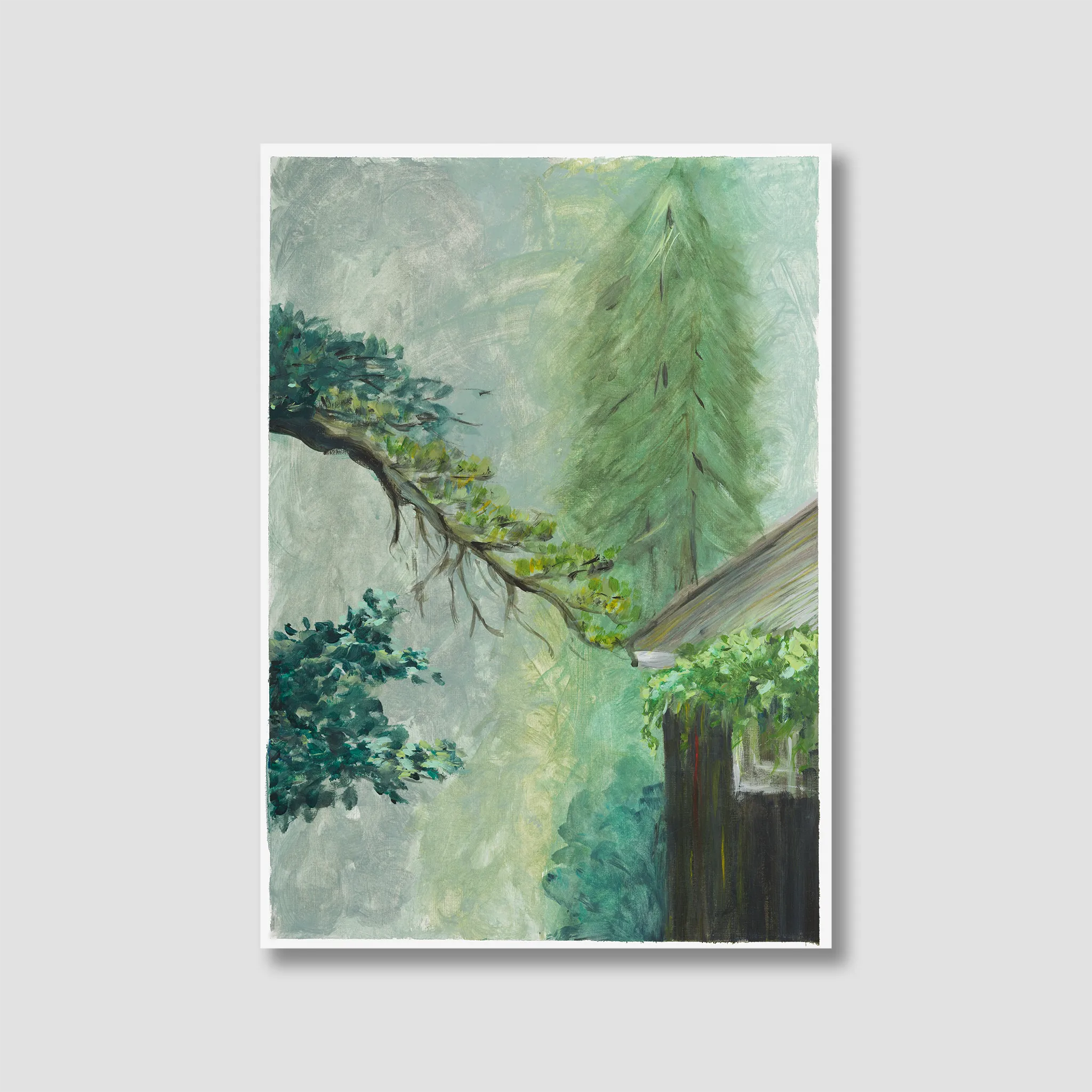 Framed artwork of a tree with a house in the background on a light gray background