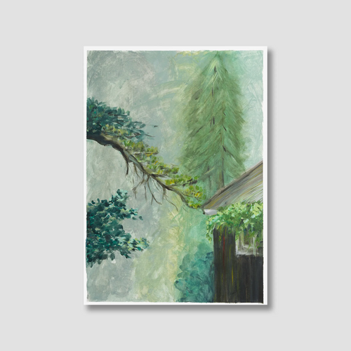 Framed artwork of a tree with a house in the background on a light gray background