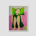 Artistic depiction of a person with green pillows and a pink blanket on a light gray background