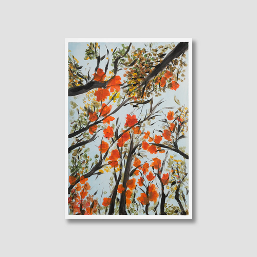 Painting of a tree with orange leaves on a light gray background