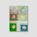 Artistic depiction of shells on a grid with colored backgrounds
