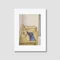 Artistic depiction of a room with a bed and striped blanket on a white background