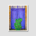 Painting of a purple door with greenery in front on a textured wall.