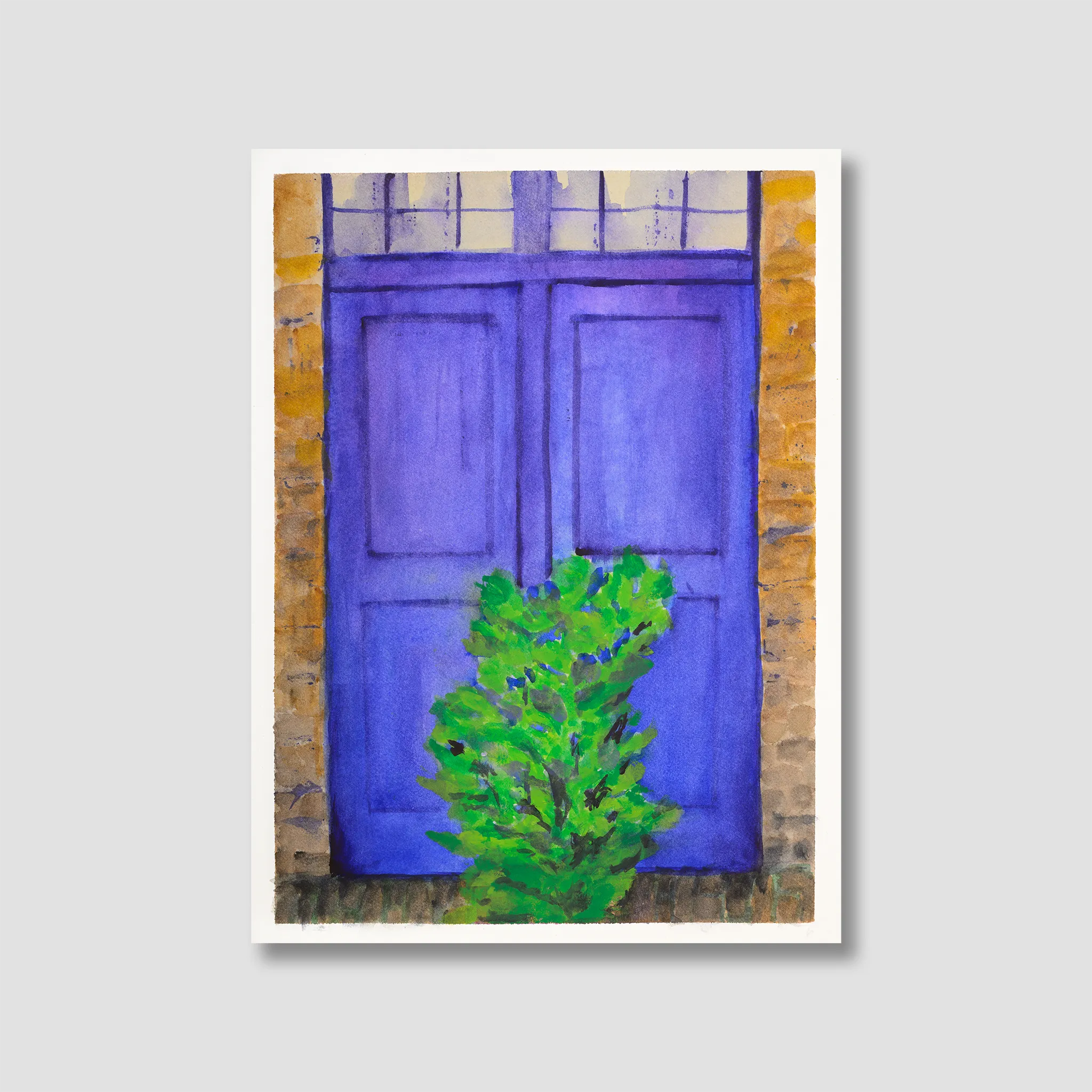 Painting of a purple door with greenery in front on a textured wall.
