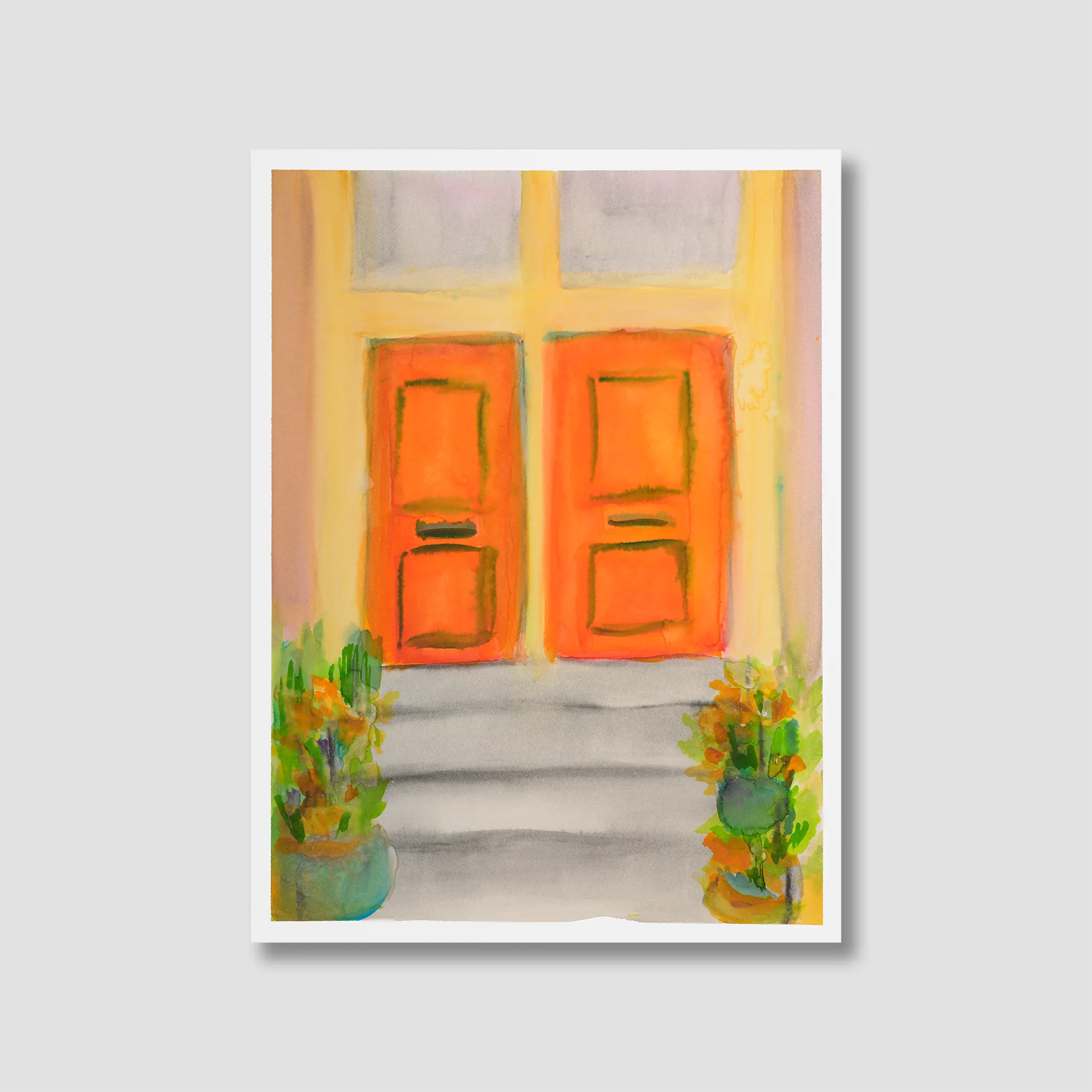 Painting of a red door with yellow frames and potted plants on a white background
