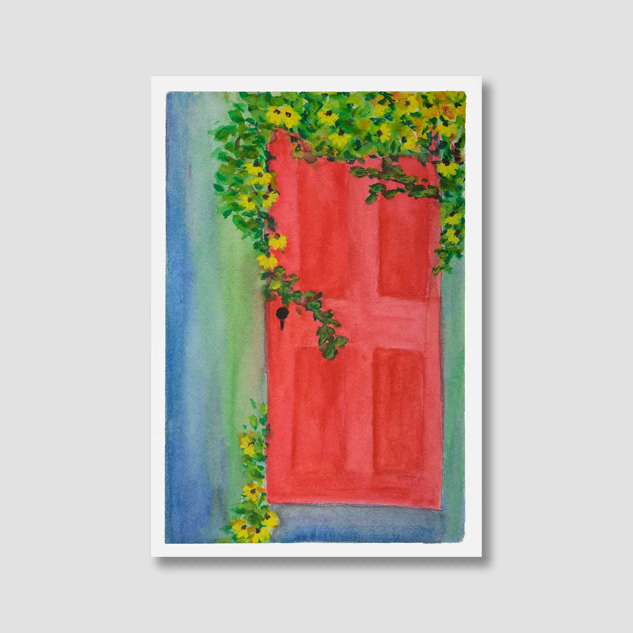 Painting of a red door with greenery on a light gray background