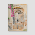 Painting of a rustic wooden door with pink flowers on a light gray background