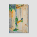 Painting of a wooden gate with greenery on a light gray background