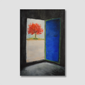 Artistic depiction of a red tree inside an open door with blue and gray surroundings