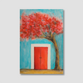 Painting of a tree with red blossoms and a red door on a blue background