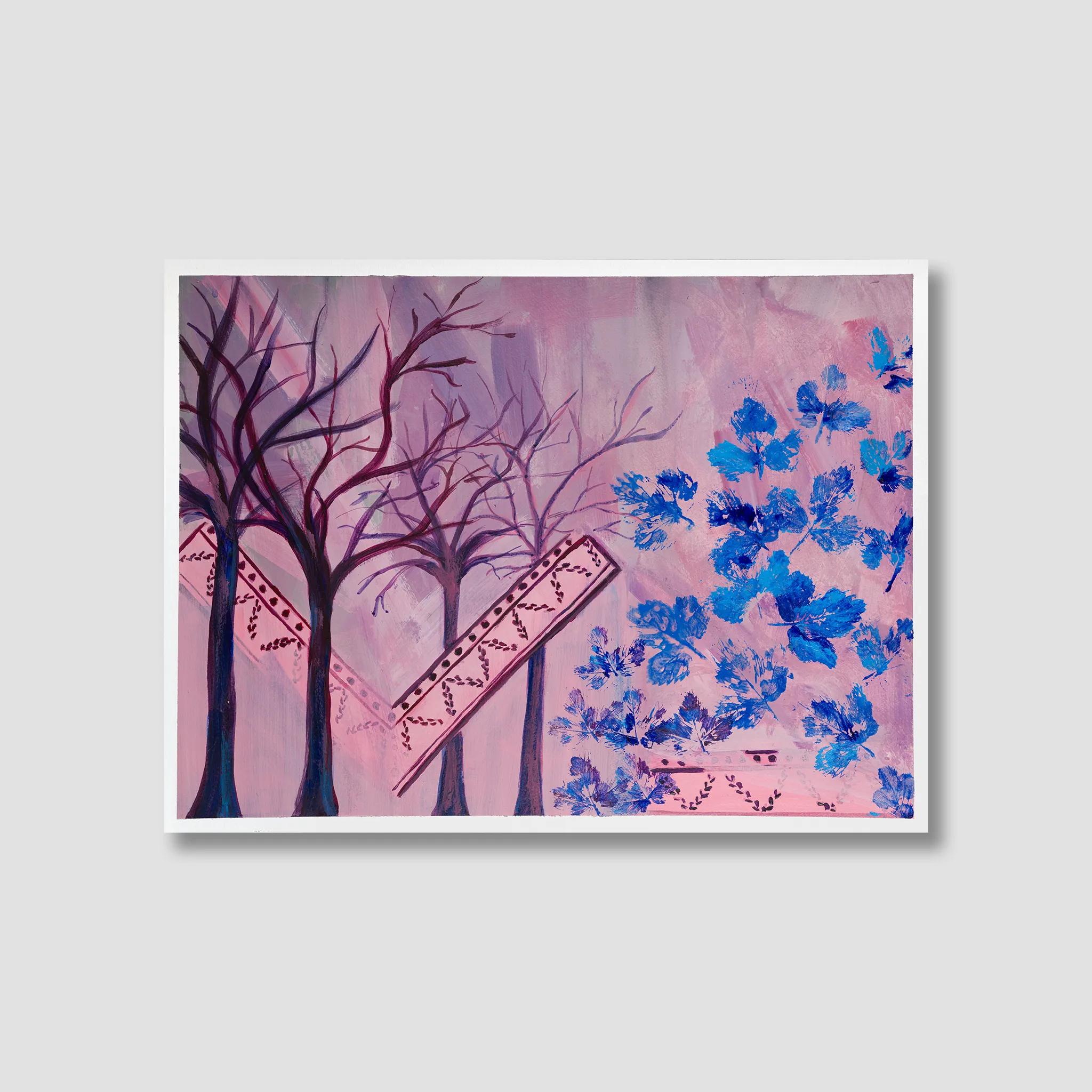 Artistic depiction of trees with blue flowers on a pink background
