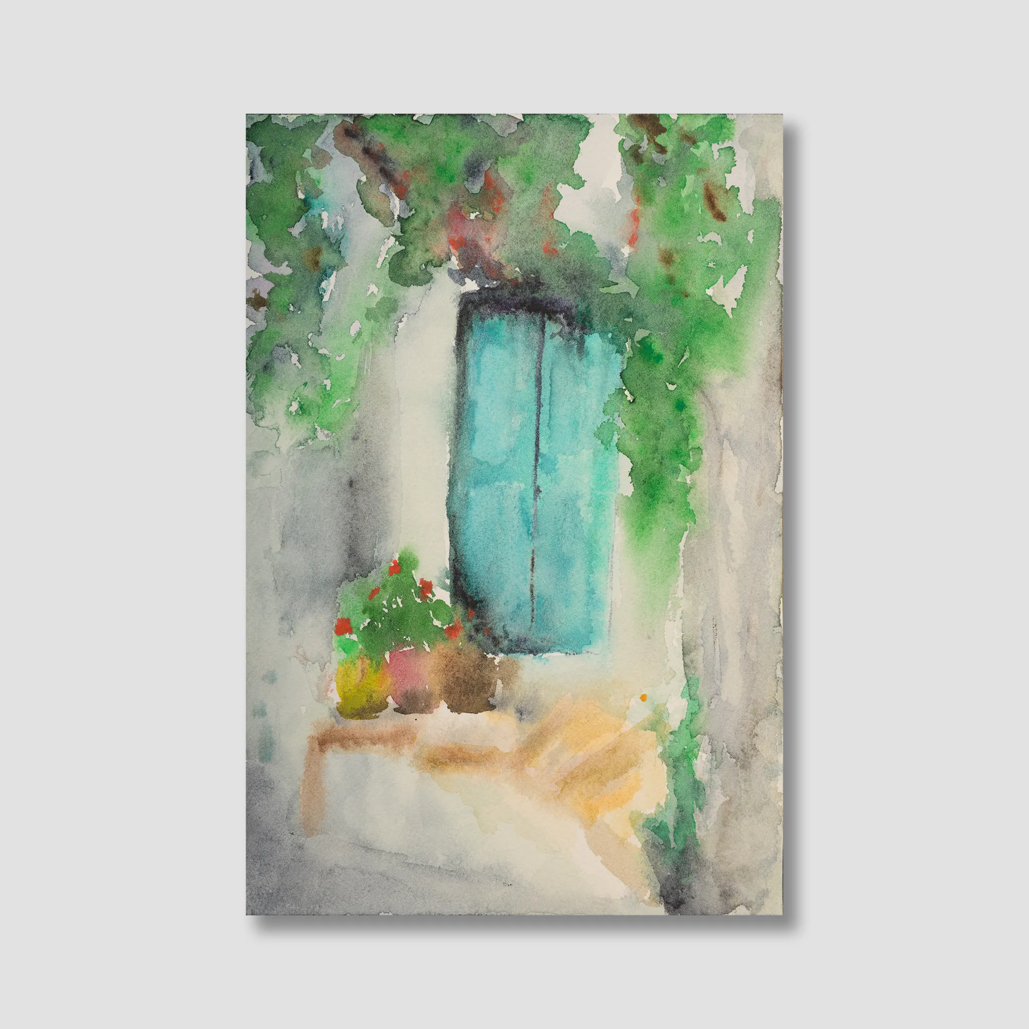 Painting of a woman sitting under an archway with greenery