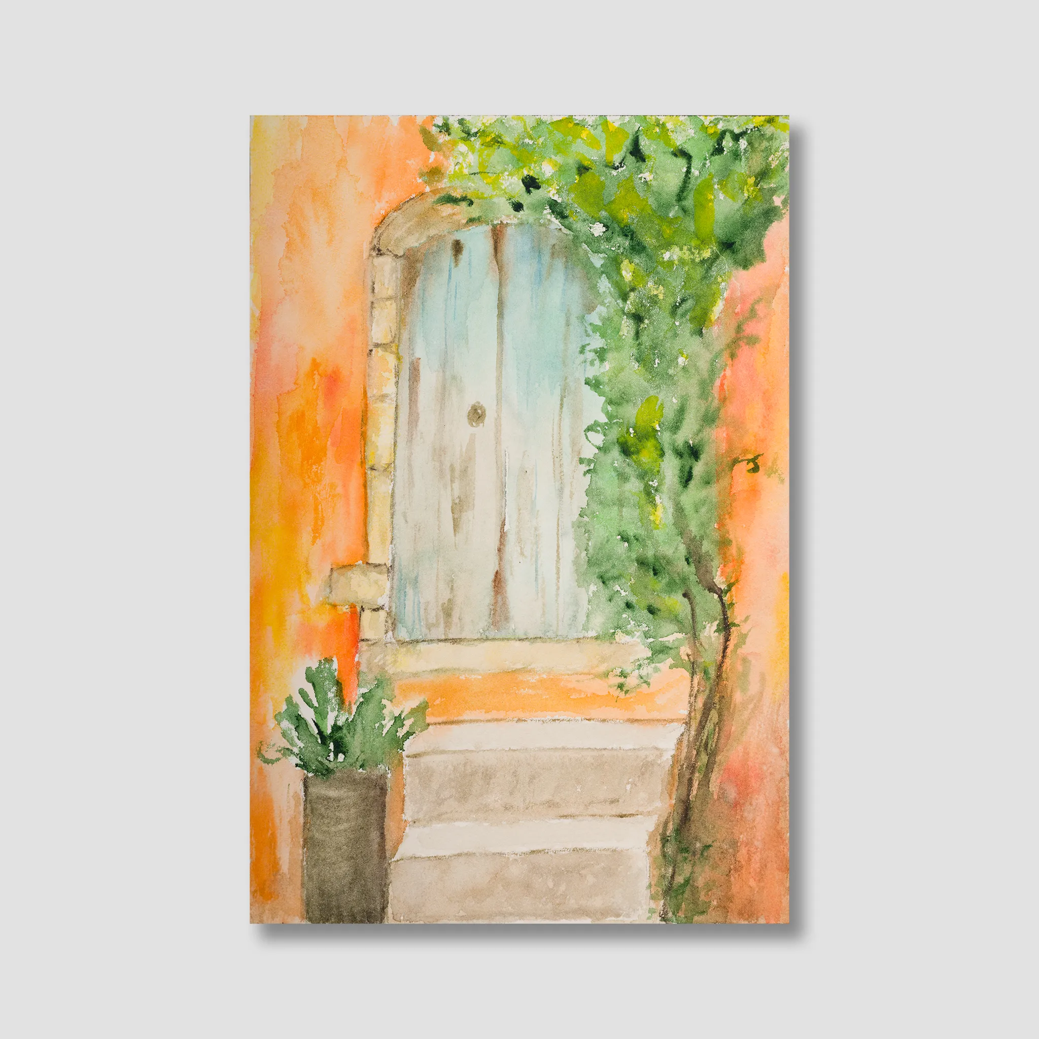 Painting of a rustic door with plants on an orange wall