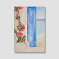 Painting of a blue door with floral elements on a textured beige background