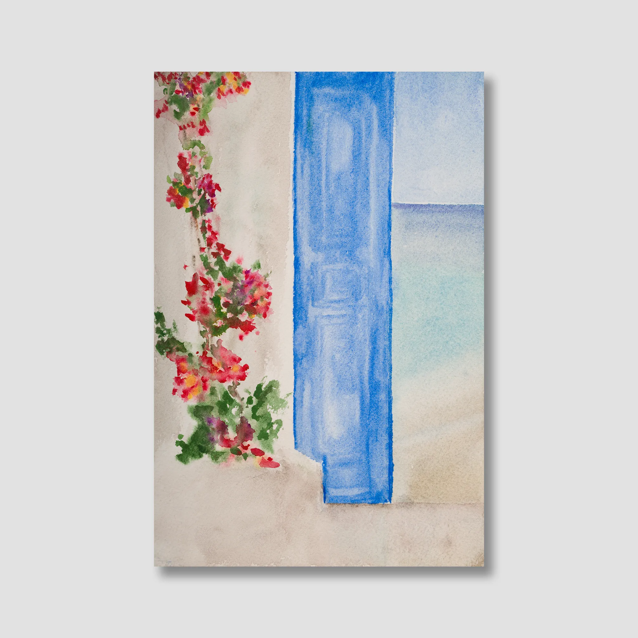 Painting of a blue door with floral elements on a textured beige background