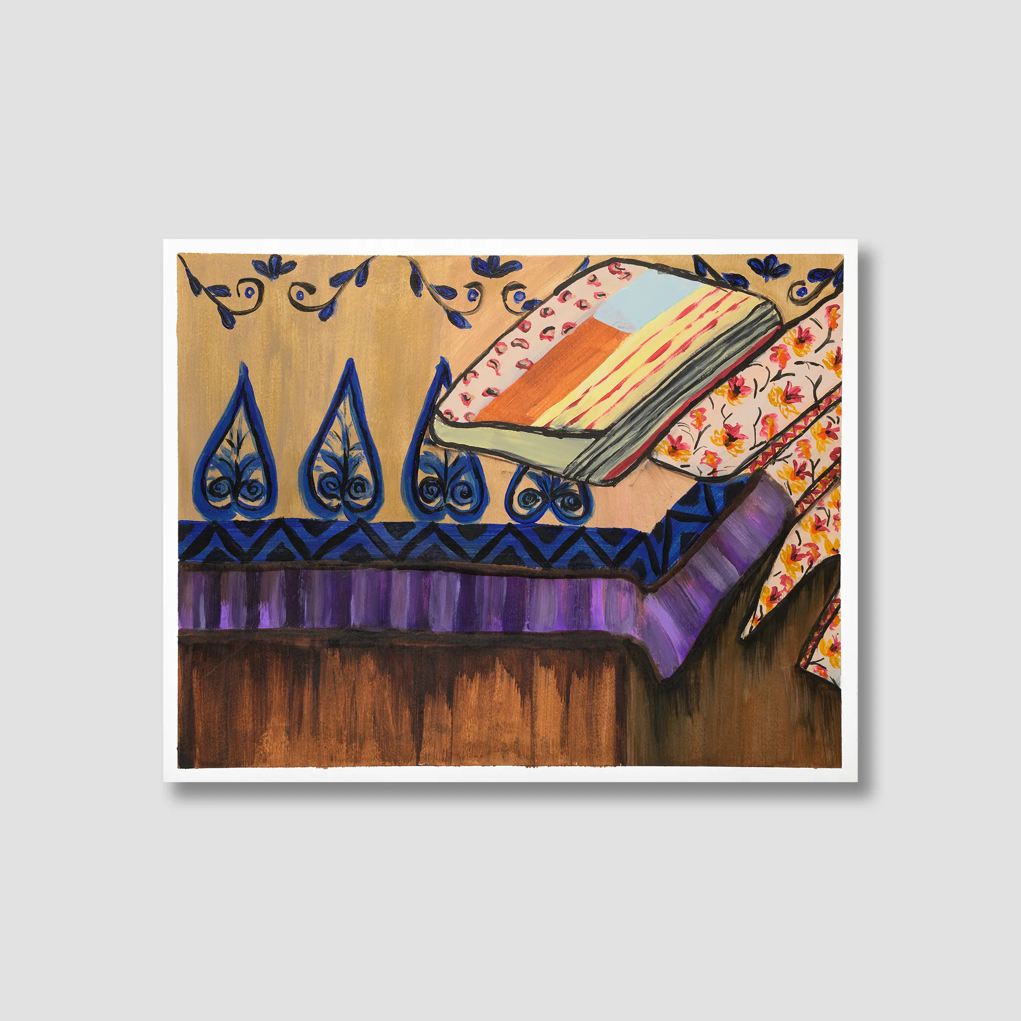Colorful painting of a table with a book and decorative elements on a gray background
