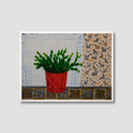 Framed artwork of a potted plant on a textured wall with patterns