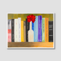 Artistic depiction of books with a red flower on a colorful background