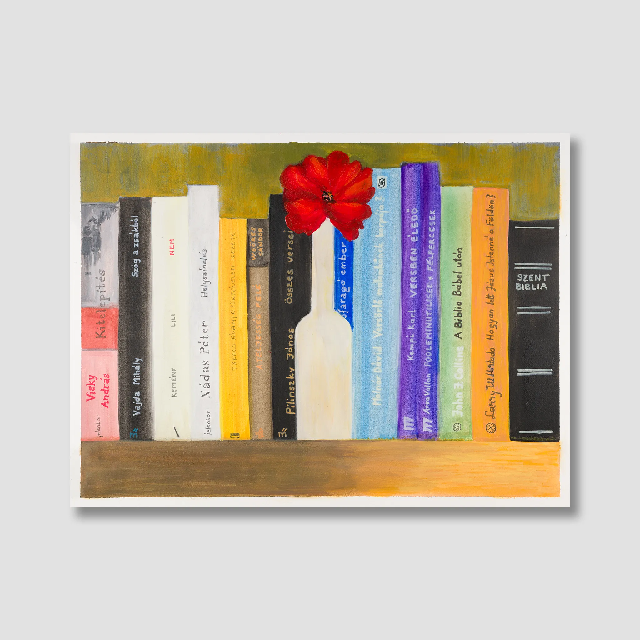 Artistic depiction of books with a red flower on a colorful background